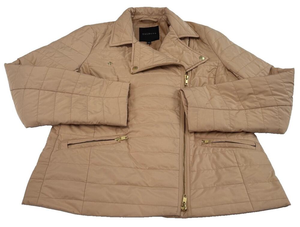 Talbots Women's Beige Quilted Jacket Asym Zip Snap Collar Pockets Size S